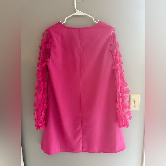 SHEIN Women’s Pink Dress SZ MD Floral Shear Long Sleeve Scalloped Neck Line - Picture 8 of 11